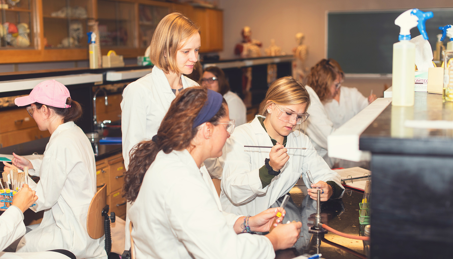 students in white lab coats conducting biology experiments